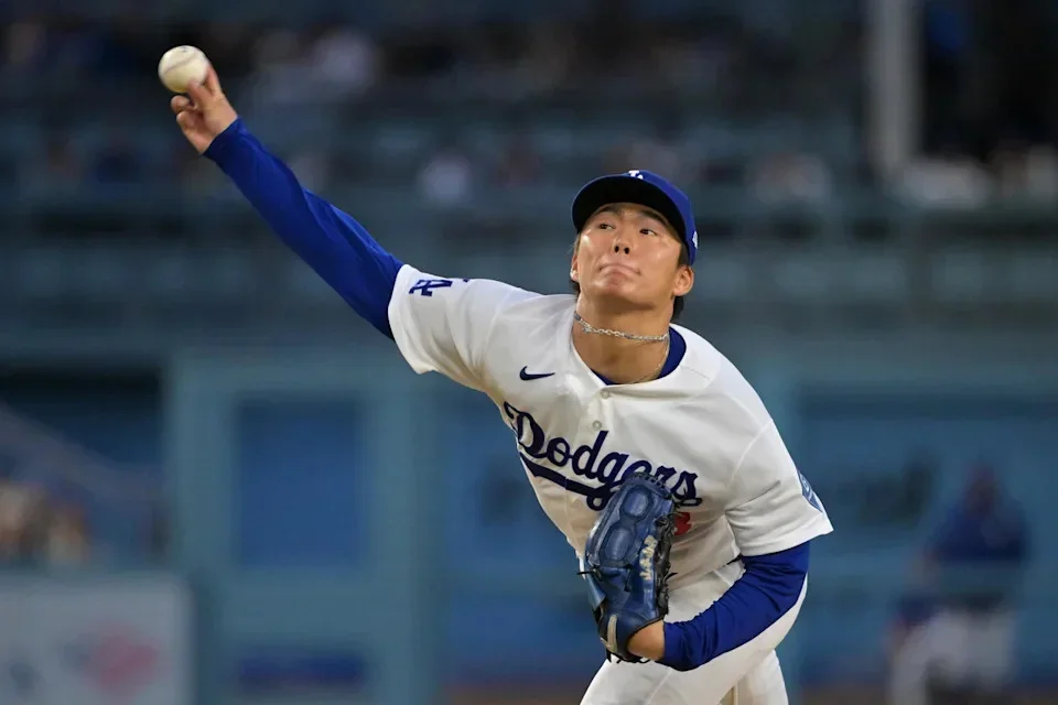 May 12, 2026; Los Angeles, California, USA; Los Angeles Dodgers starting pitcher Yoshinobu Yamamoto (18) throws a pitch against the San Francisco Giants during the second inning at Dodger Stadium. -- © Jayne Kamin-Oncea-Imagn Images 