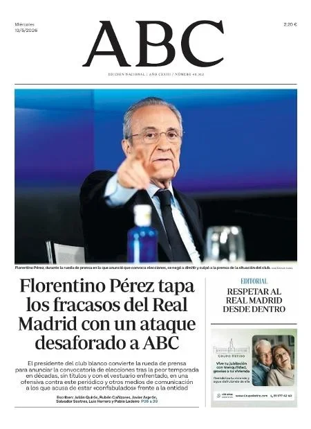 Capa do jornal ABC, da Espanha, em resposta a Florentino