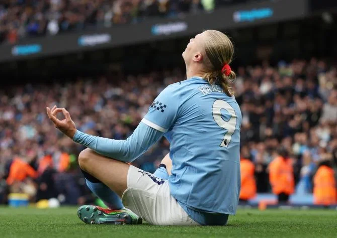Erling Haaland celebrates scoring Manchester City's second goal during the Premier League match against Brentford, at Etihad Stadium, Manchester, on Saturday.
